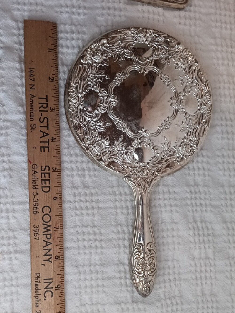 Ornate Silver Plate Vanity Set Mirror Brush & Comb Vintage Hong Kong - Picture 12 of 12